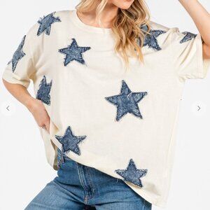 NWT LADIES SIZE M SAGE & FIG BEIGE DENIM BLUE STARS PATCHES SHORT SLEEVE TOP